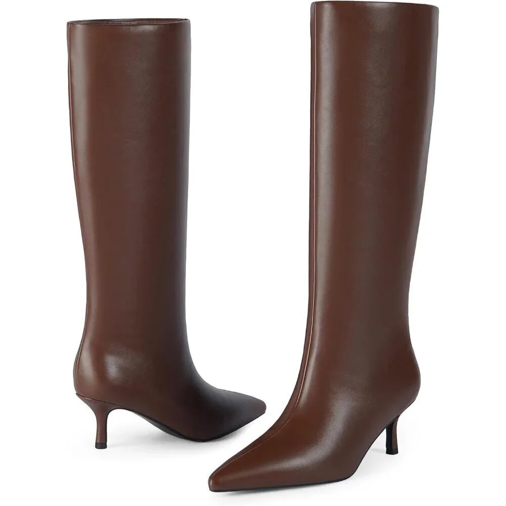 Women Brown Knee High Boots Kitten Heels Tall Pointed Toe Long Boots